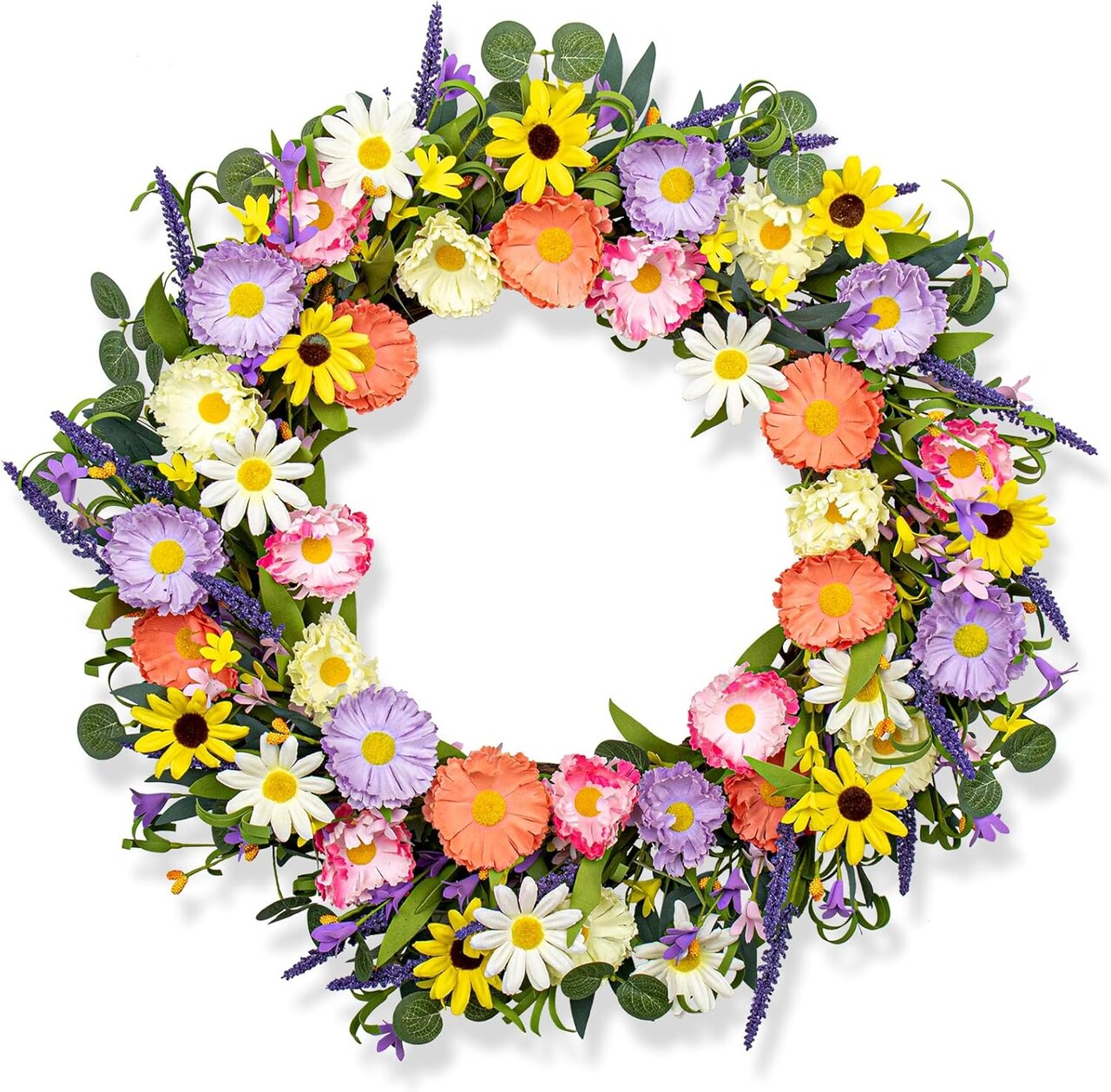 28-Inch Spring Wreath for Front Door – Large Floral Wreath with Lavender, Daisy, and Eucalyptus, 6 Color Options for Indoor & Outdoor Holiday and Celebration Decor